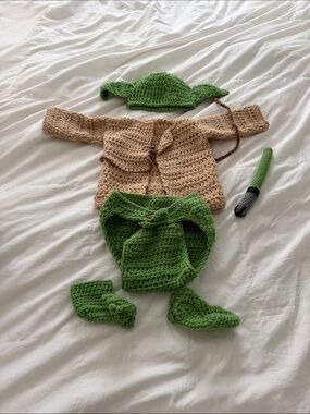 Green and Tan Baby Yoda Crochet Costume Set for Kids